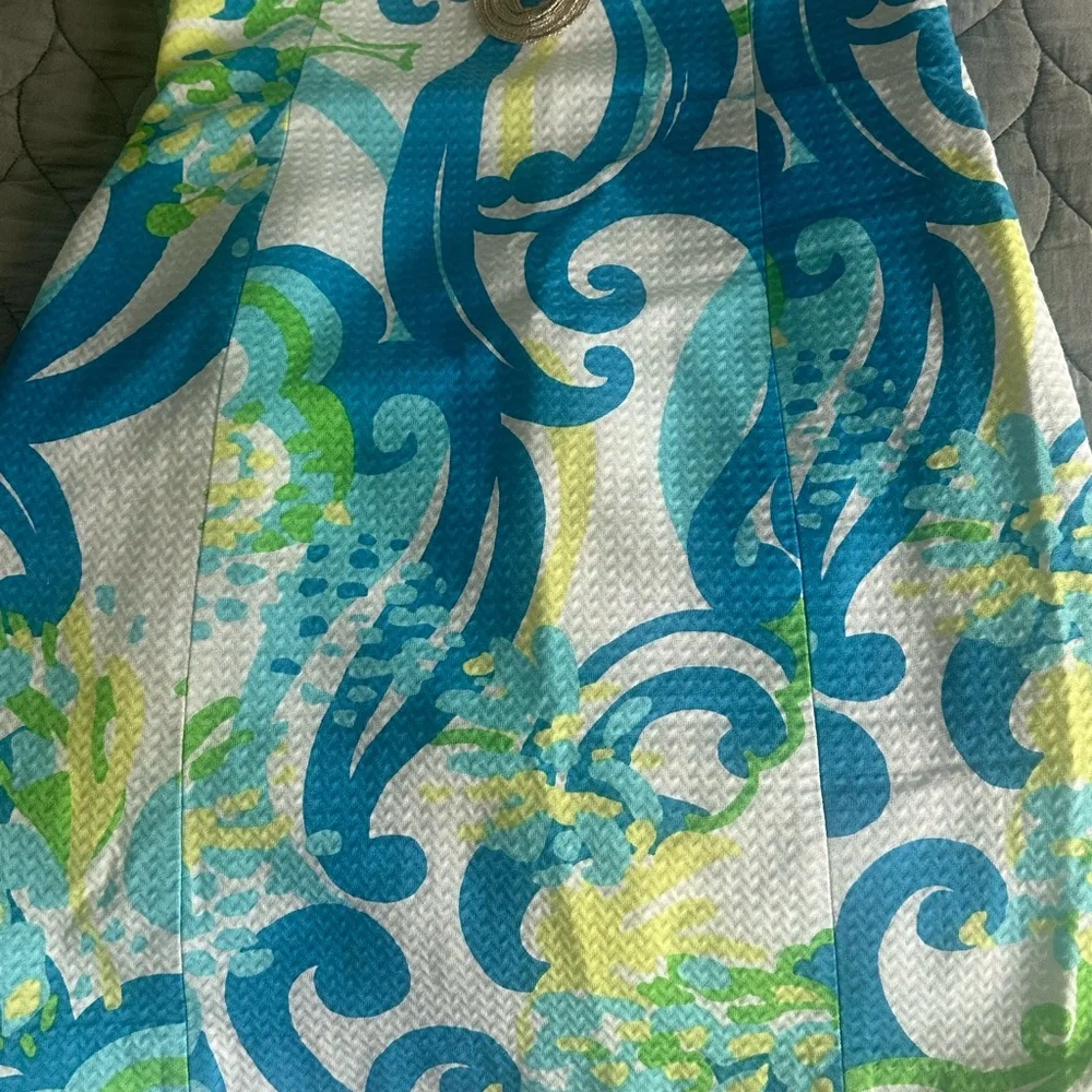 Lilly Pulitzer Blue White Green Printed Midi Dress with Gold Trim - Picture 8 of 10